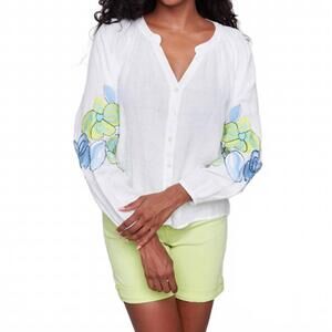 NEW CHARLIE B cotton-linen button front blouse with embroidery in anis